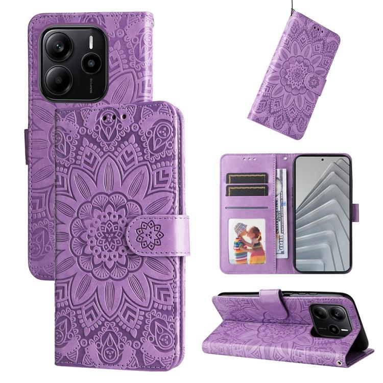 Purple embossed sunflower leather-style wallet phone case with folio stand and card slots