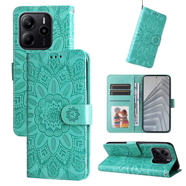 Green embossed sunflower leather-style wallet phone case with folio stand and card slots