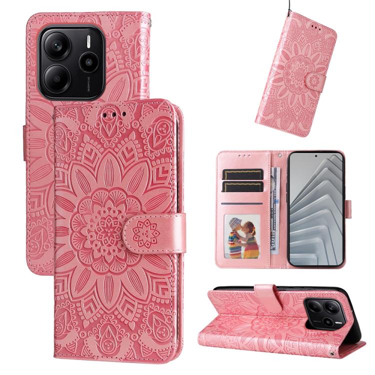 Pink embossed sunflower leather-style wallet phone case with folio stand and card slots