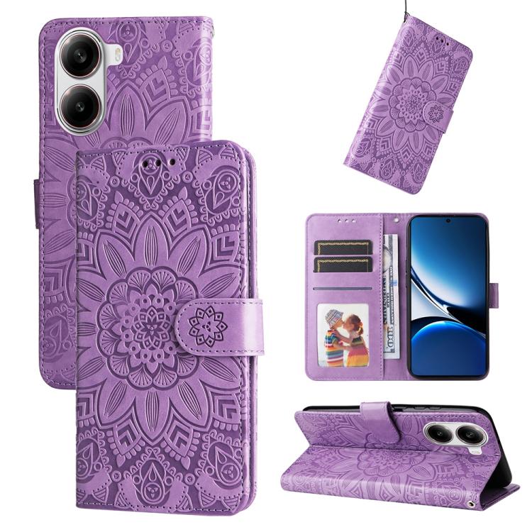 Purple embossed sunflower leather phone case with magnetic folio and card slots