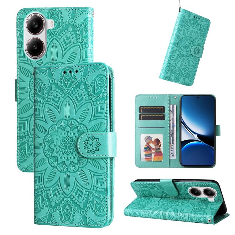 Green embossed sunflower leather phone case with magnetic folio and card slots