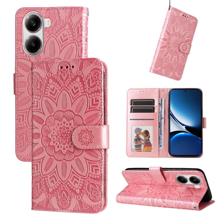 Rose pink embossed sunflower leather phone case with folio wallet, card slots, and stand