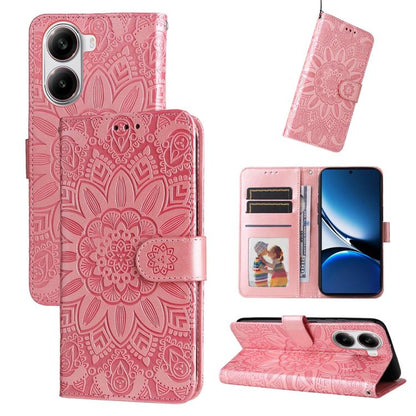 Rose pink embossed sunflower leather phone case with folio wallet, card slots, and stand