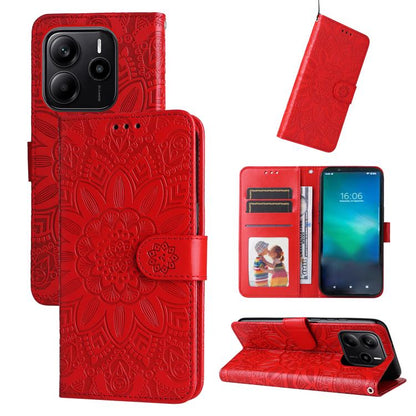 Red embossed sunflower leather phone case with magnetic folio and card slots