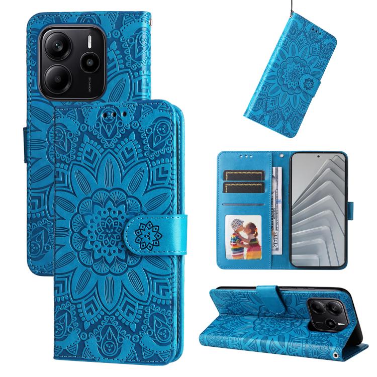 Blue embossed sunflower leather phone case with magnetic folio and card slots