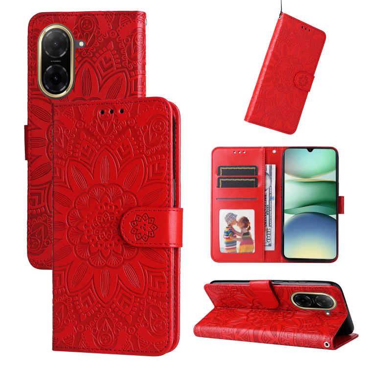 Embossed sunflower leather phone case with folio stand, red