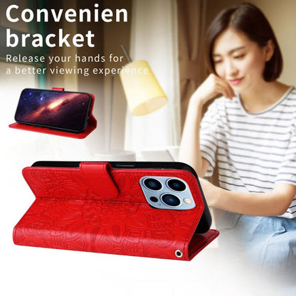Red embossed sunflower leather wallet phone case with viewing stand