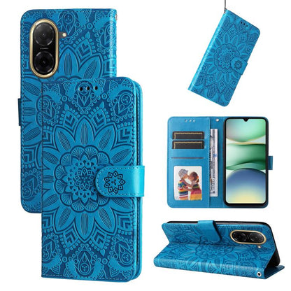 Embossed sunflower leather phone case with folio stand, blue