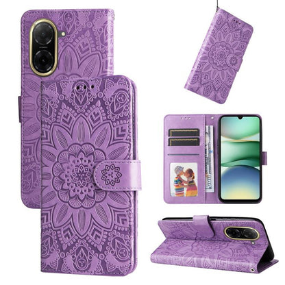 Purple embossed sunflower leather folio phone case with magnetic strap