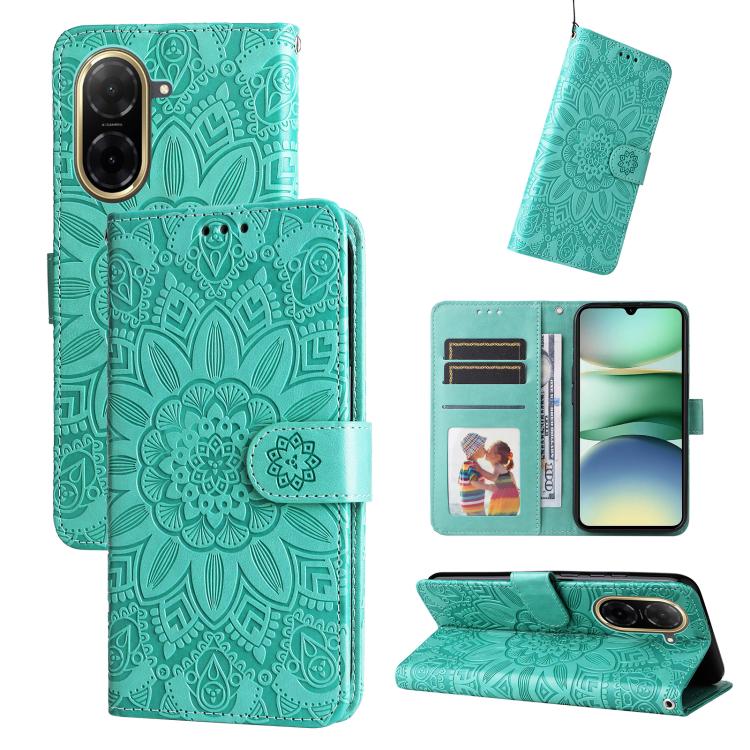 Embossed sunflower leather phone case with folio stand, green/teal