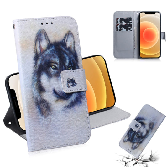 White leather flip phone case with blue wolf print, magnetic clasp and card slots.
