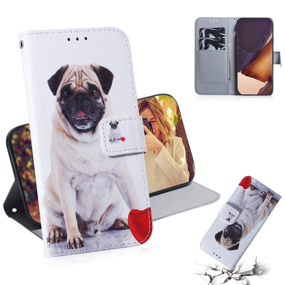 White wallet-style flip leather case with pug pattern and magnetic card-holder flap