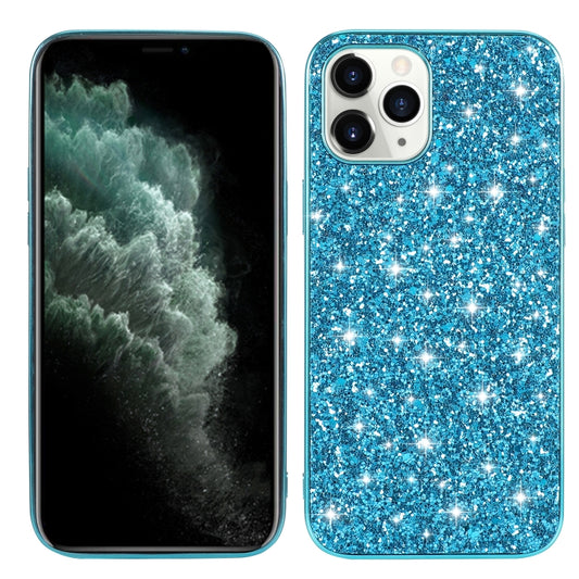 Glitter shockproof TPU phone case in blue, with raised camera cutouts