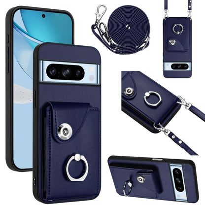 Navy phone case with card slot, ring holder, and long lanyard