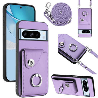 Lavender phone case with card slot, ring holder, and long lanyard