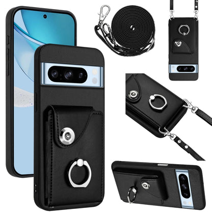 Dark phone case with card slot, ring holder, and long lanyard