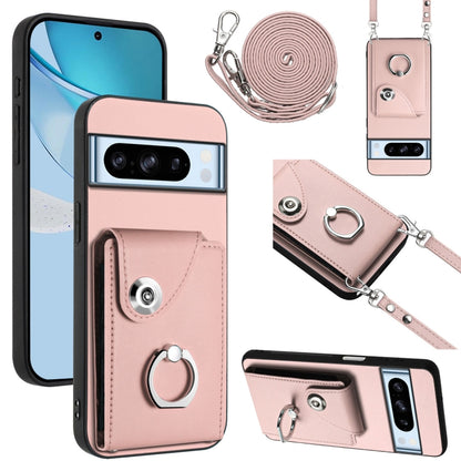 Light pink phone case with card slot, ring holder, and long lanyard