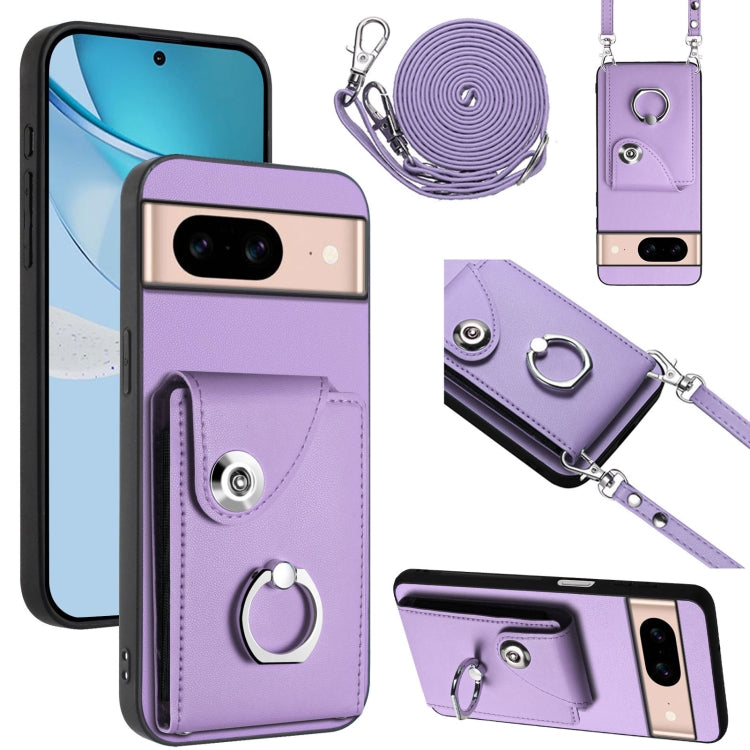 Purple phone case with card slot, ring holder, and long lanyard