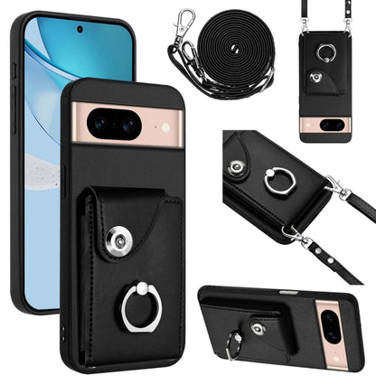 Black phone case with card slot, ring holder, and long lanyard