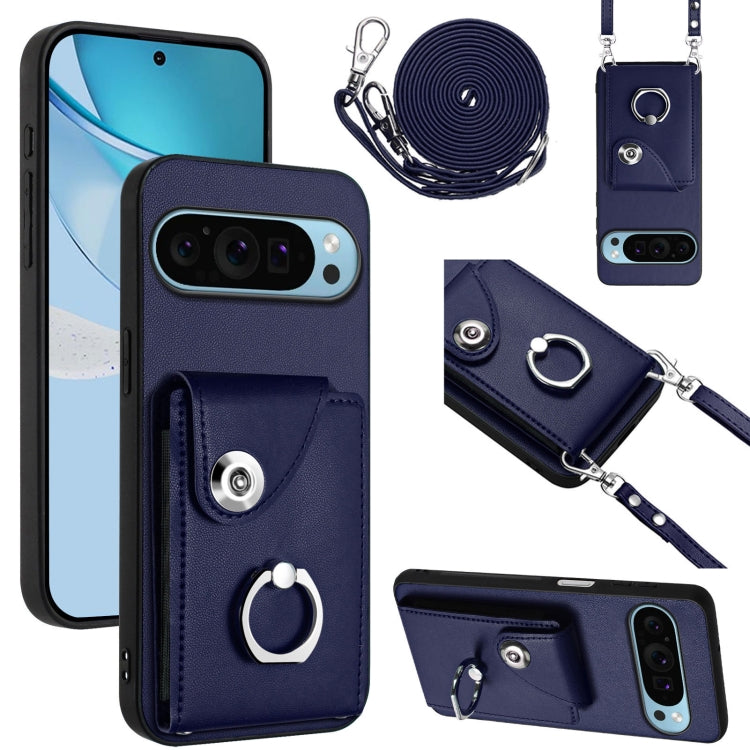 Navy phone card holder case with ring grip and long lanyard strap, for phone protection