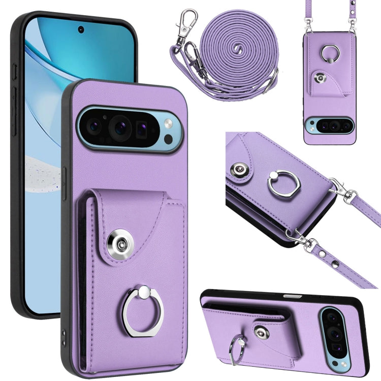 Lavender phone card holder case with ring grip and long lanyard strap, for phone protection