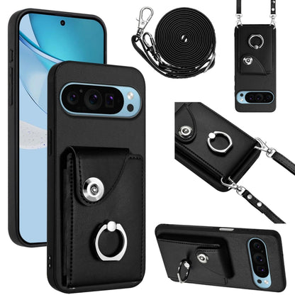 Black phone card holder case with ring grip and long lanyard strap, for phone protection