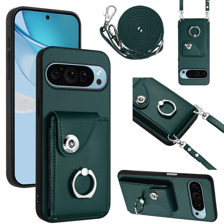 Green phone card holder case with ring grip and long lanyard strap, for phone protection