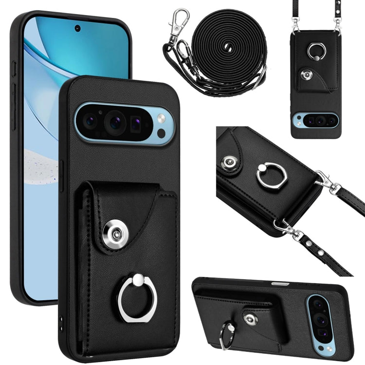 Black phone card holder case with ring grip and long lanyard, for phone protection