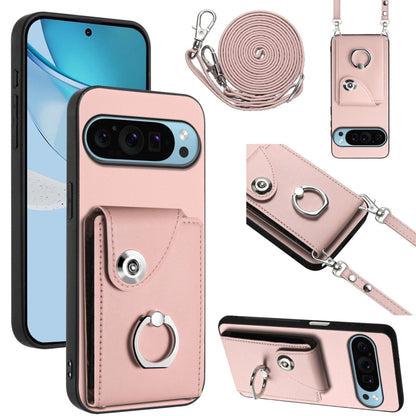 Pink phone card holder case with ring grip and long lanyard strap, for phone protection