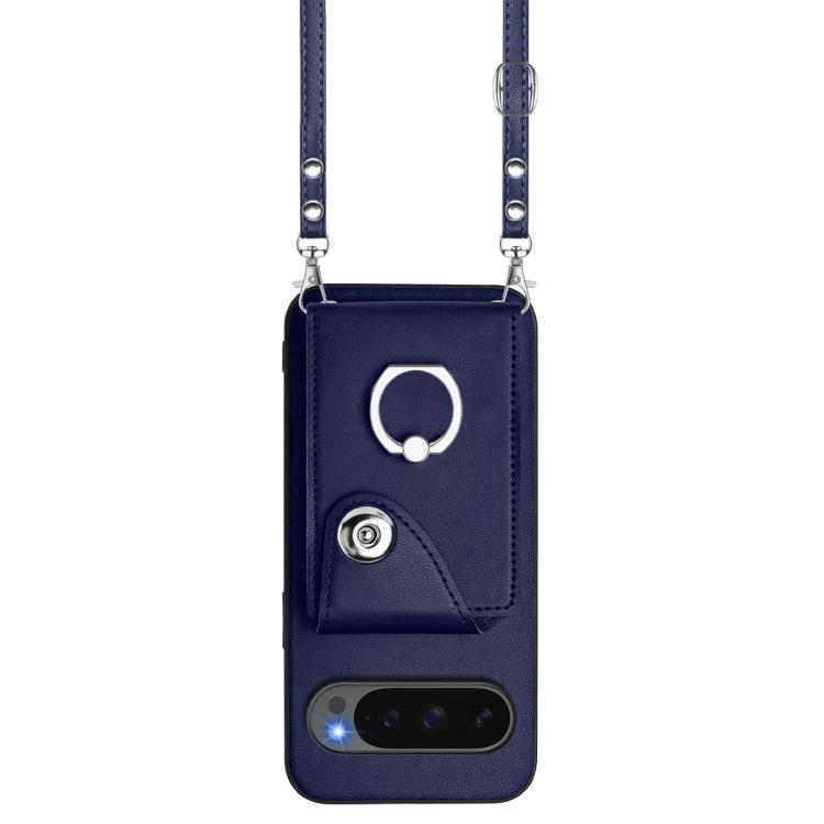 Navy phone card holder case with ring holder and long lanyard strap hanging