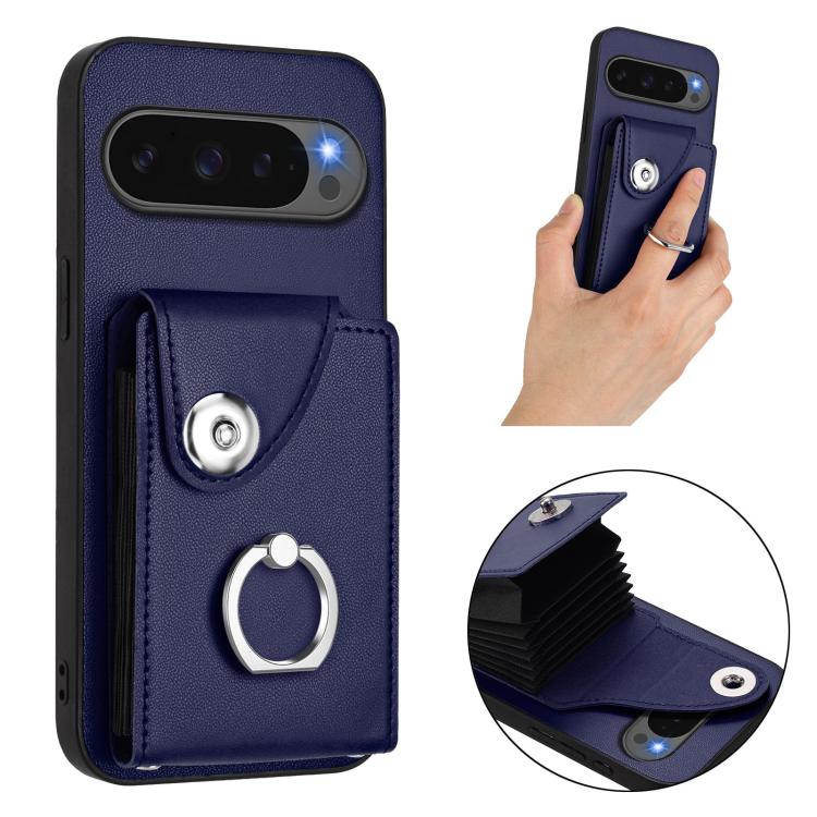 Navy phone case with card slot pocket and ring holder; grip-friendly design with lanyard