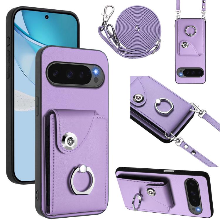 Purple phone card holder case with ring holder, card slot pocket, and long lanyard strap
