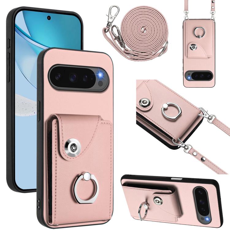 Pink phone card holder case with ring holder, card slot pocket, and long lanyard strap
