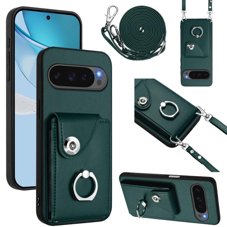 Green phone case with card holder, ring stand, and long lanyard.