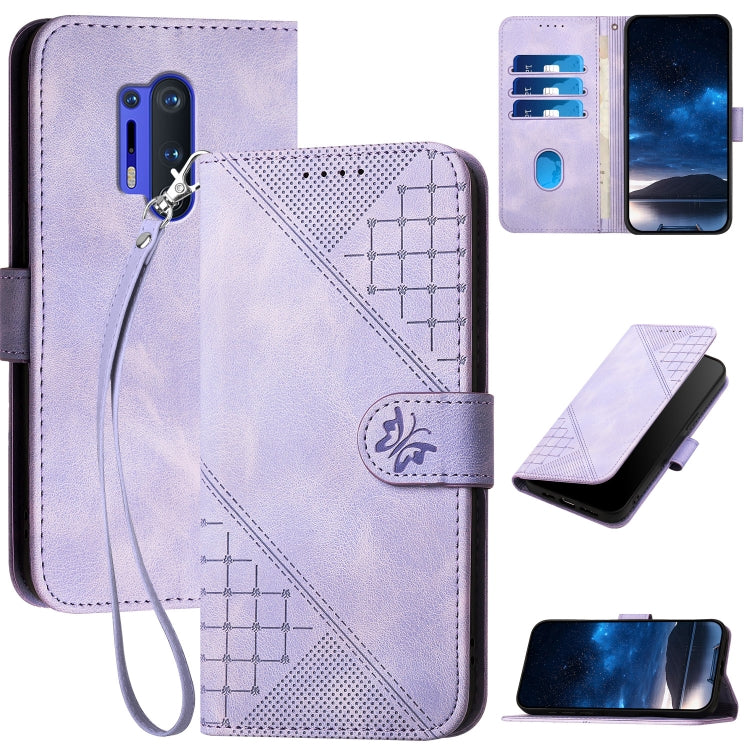Grid Butterfly Embossed Pattern Flip Leather Phone Case with Lanyard, For OnePlus 8 Pro