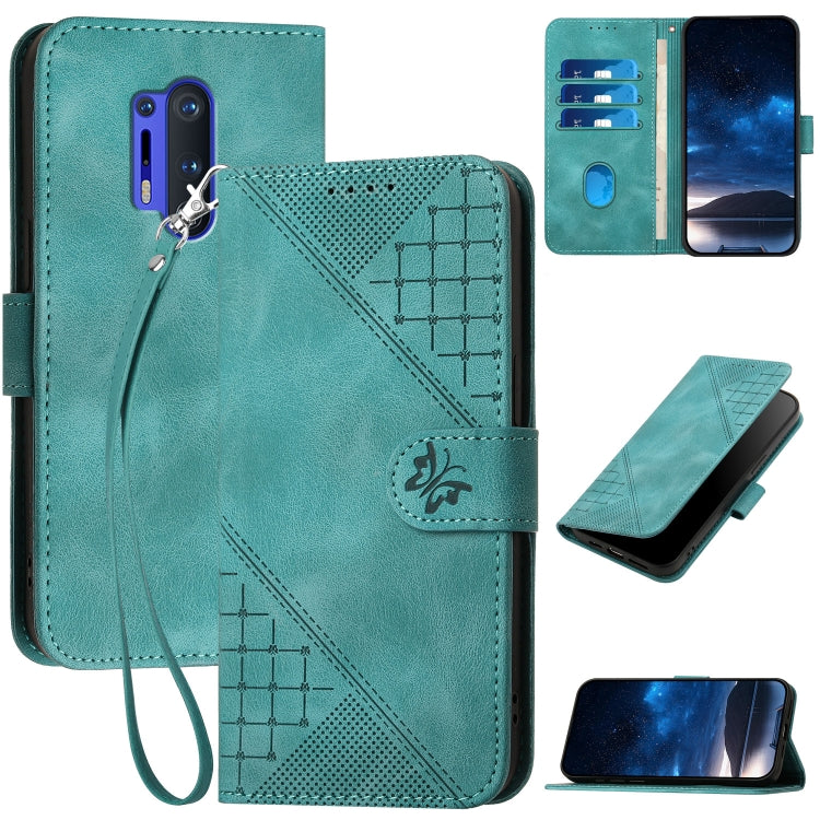 Grid Butterfly Embossed Pattern Flip Leather Phone Case with Lanyard, For OnePlus 8 Pro