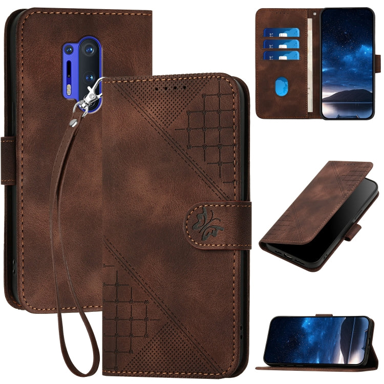 Grid Butterfly Embossed Pattern Flip Leather Phone Case with Lanyard, For OnePlus 8 Pro