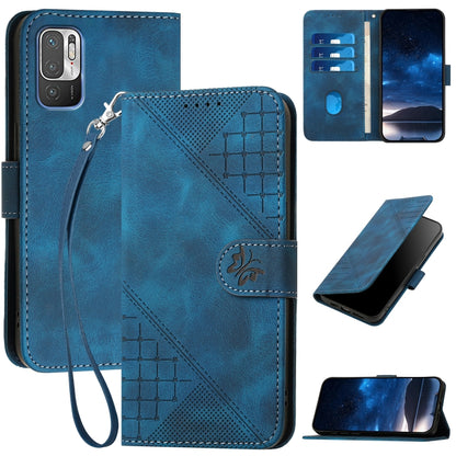 Dark blue leather wallet phone case with embossed grid-butterfly pattern and lanyard