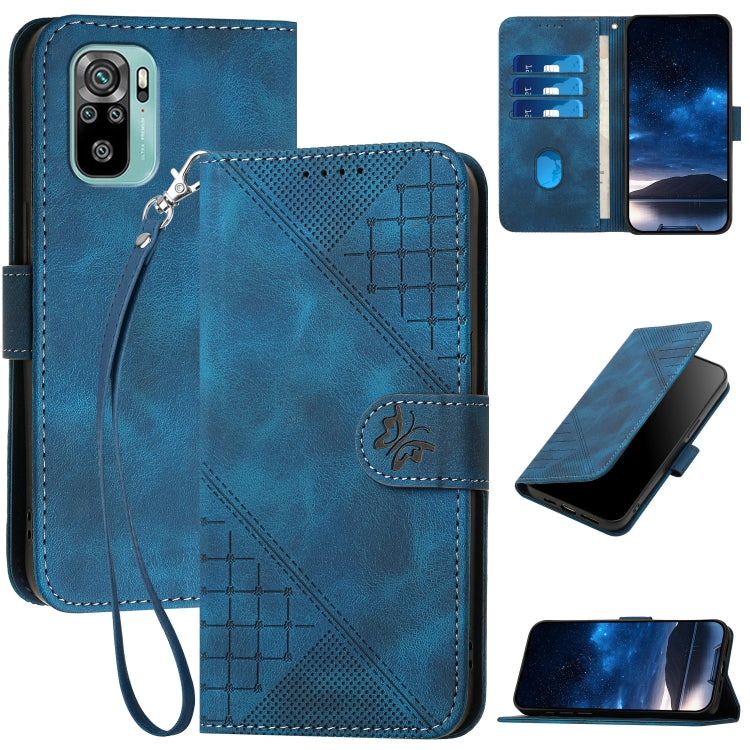 Dark blue leather phone case with embossed grid-butterfly pattern and lanyard, side view