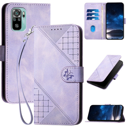 Lavender embossed leather phone case with lanyard, grid butterfly pattern and wrist strap