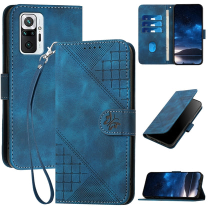 Blue embossed leather phone case with lanyard, grid butterfly pattern, card slots