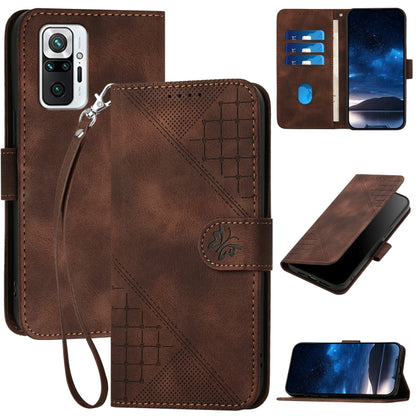 Brown embossed leather phone case with lanyard, grid butterfly pattern, card slots