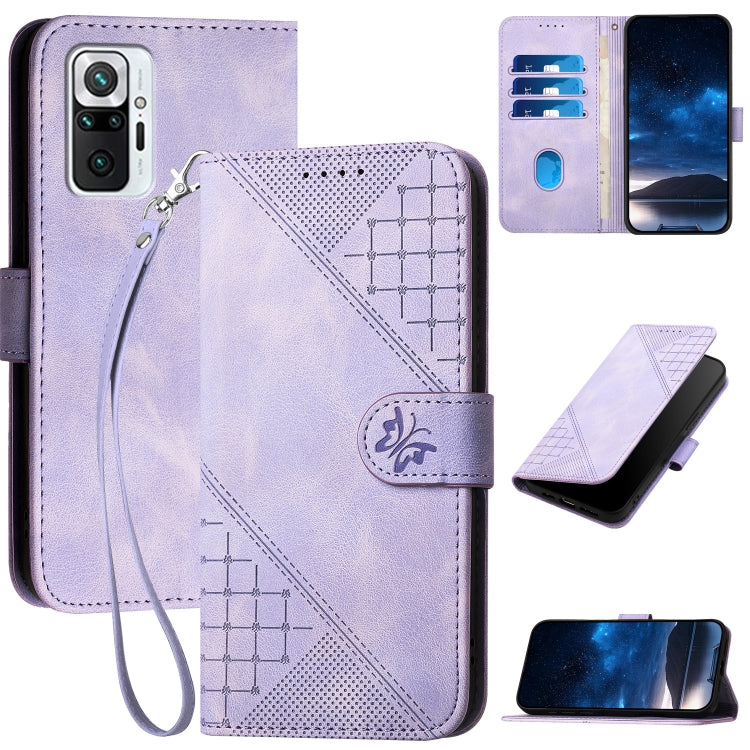 Light purple embossed leather phone case with lanyard, grid butterfly pattern, card slots