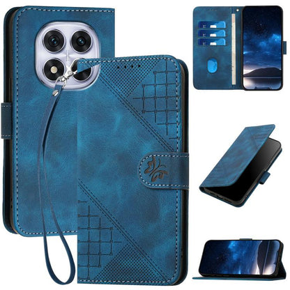 Teal leather-look phone case with grid butterfly embossing and wrist lanyard strap