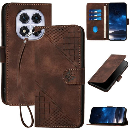 Brown leather-look phone case with grid butterfly embossing and wrist lanyard strap
