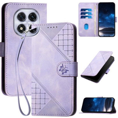Lavender leather-look phone case with grid butterfly embossing and wrist lanyard strap