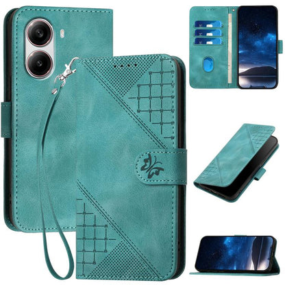 Light blue embossed leather phone case with grid butterfly pattern and wrist lanyard