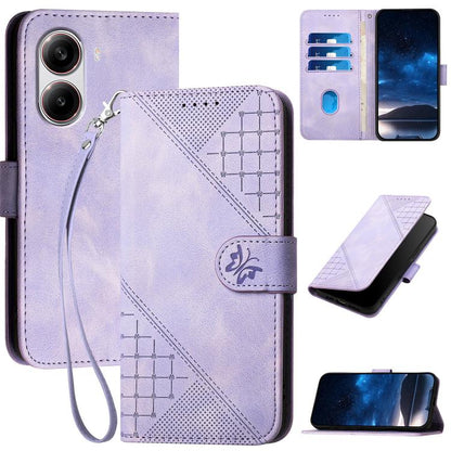 Lavender leather-look phone case with grid butterfly embossing and wrist lanyard strap