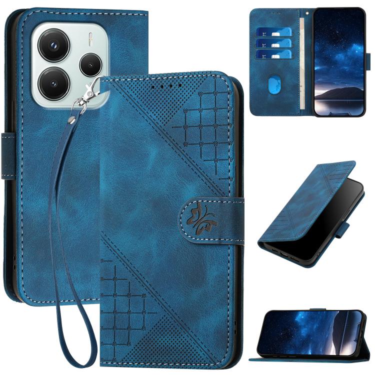 Blue leather phone case with embossed grid-butterfly pattern and wrist lanyard strap.