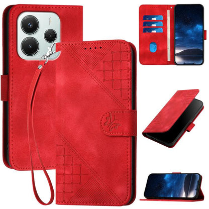 Red embossed leather phone case with grid butterfly pattern and wrist lanyard